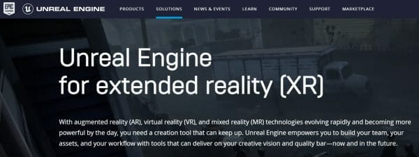 Screenshot of Unreal Engine's XR page