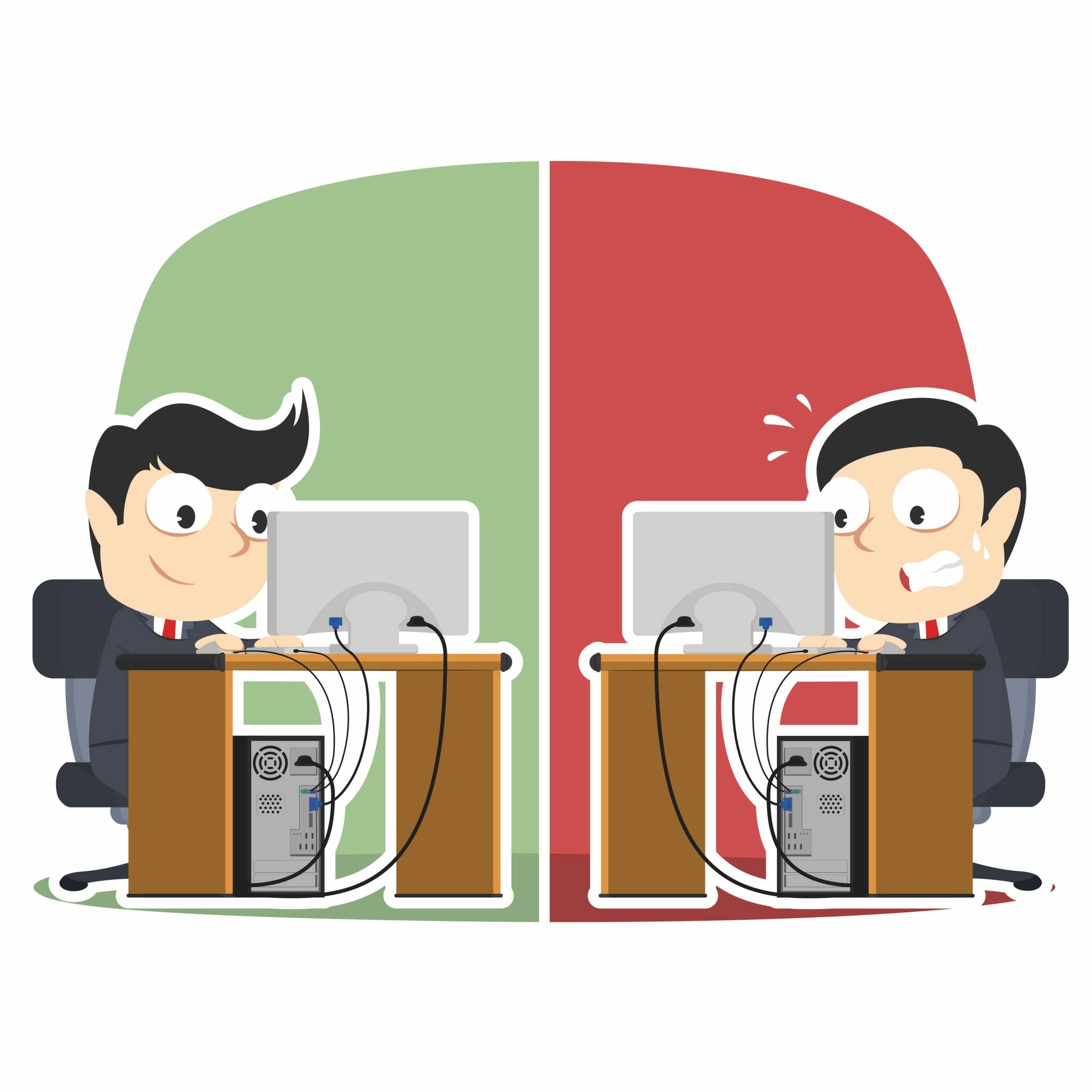 Two men at a computer working in a vector art style