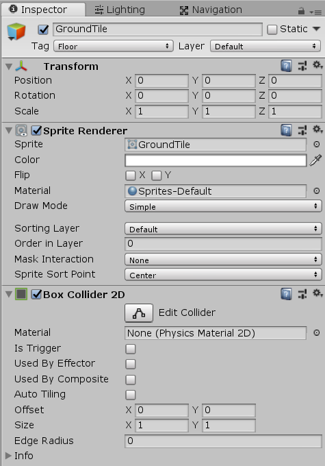 Unity ground tile with Box Collider 2D component added in the Inspector.