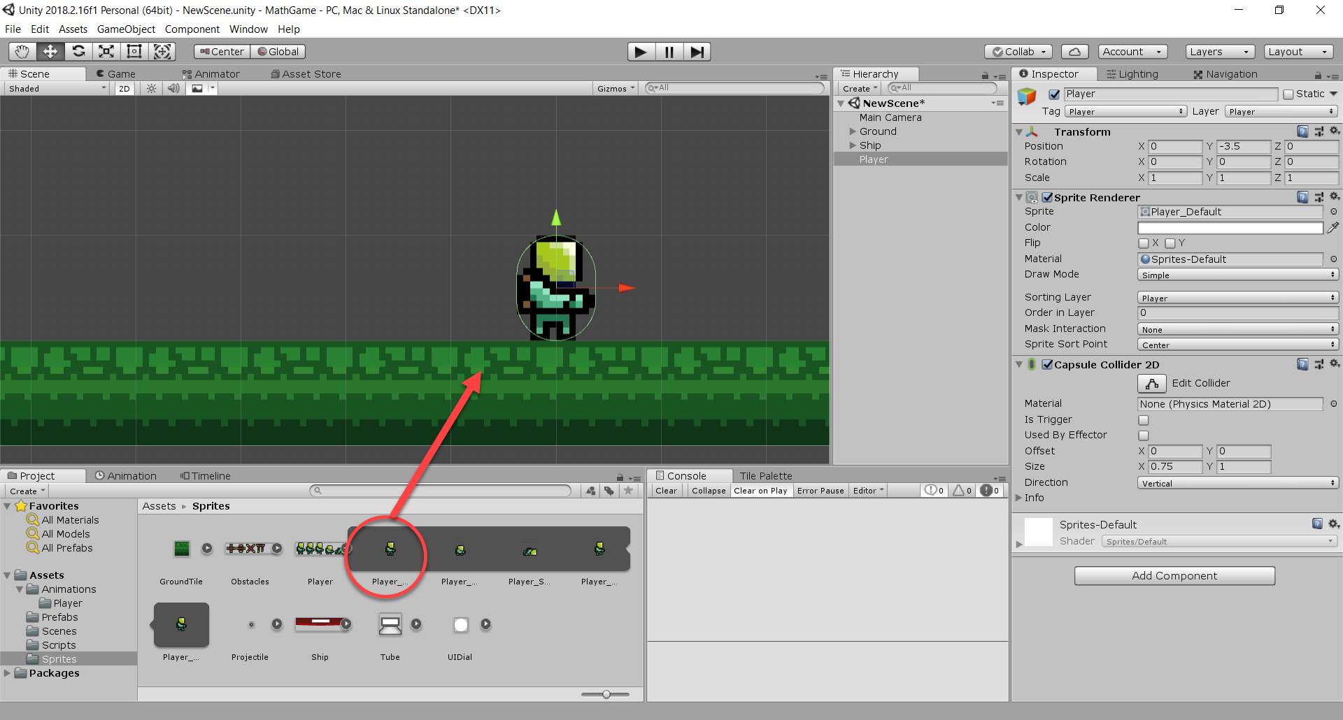 Player character added to Unity educational math game in Scene editor.