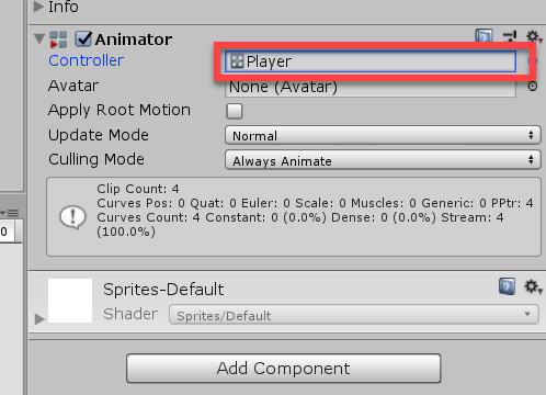Animator component in Unity with Player added as Controller.