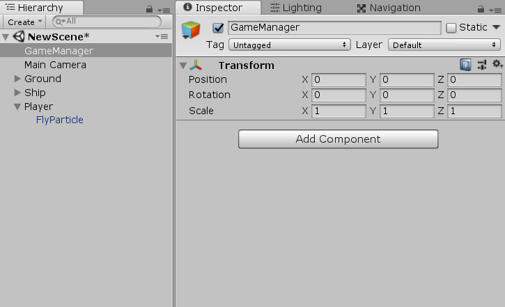 GameManger object added to Unity as seen in the Hierarchy and Inspector.