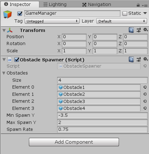 GameManager object in the Unity Inspector window with properties assigned.