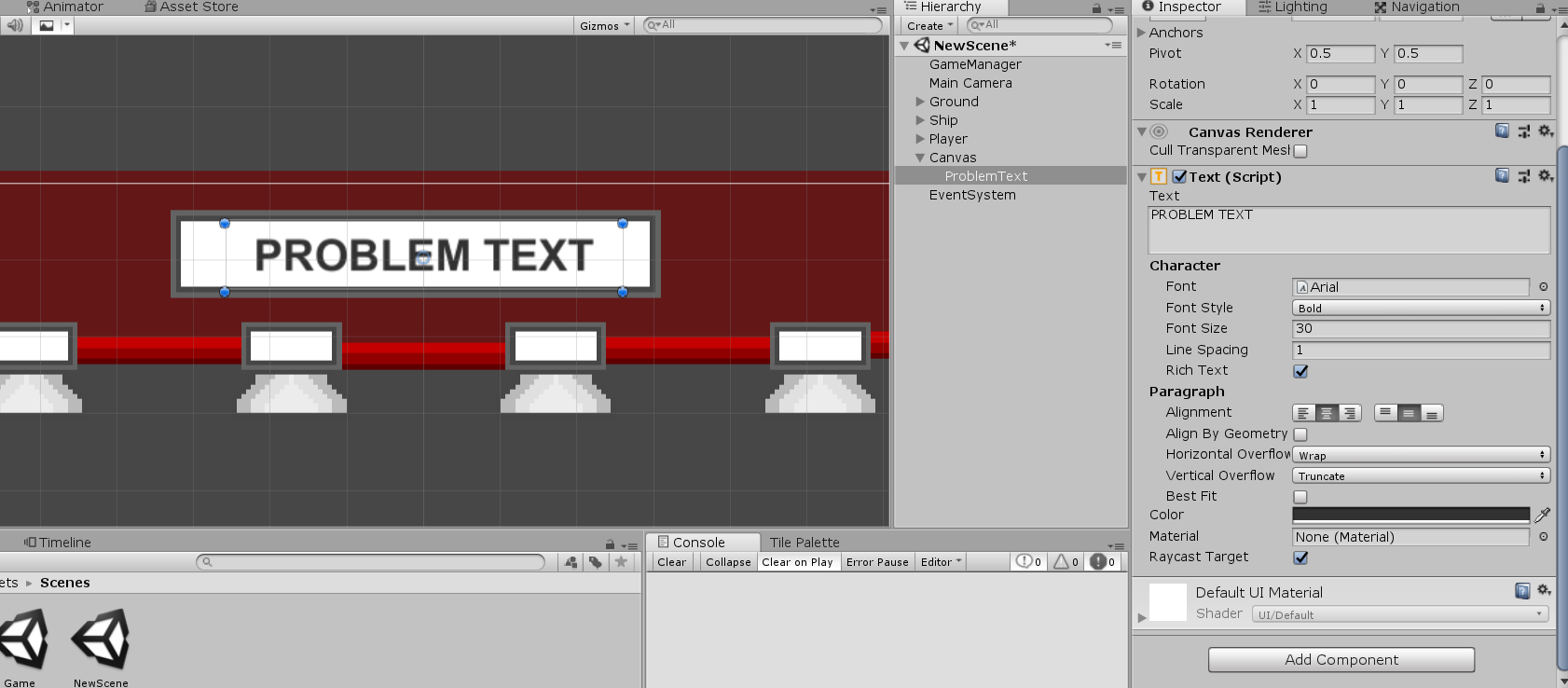 Text object labeled 'Problem Text' added to Unity math game.