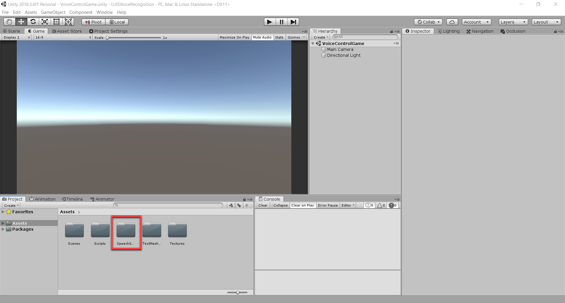 New Unity project with Speech SDK folder highlighted