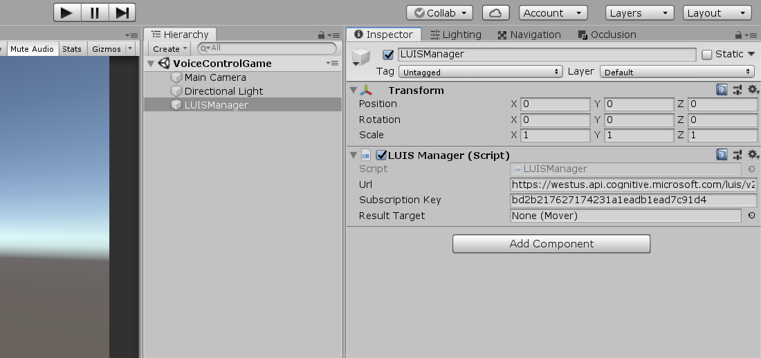 LUISManager object in the Unity Inspector