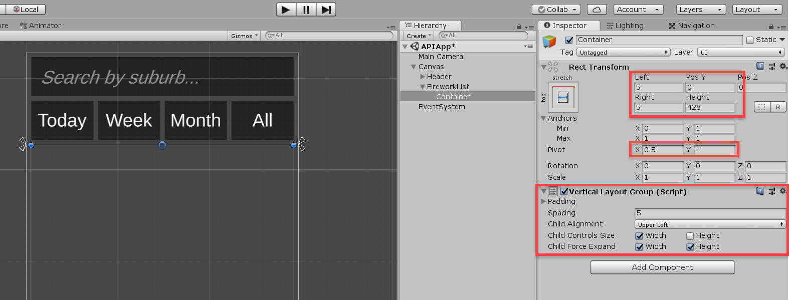 Vertical Layout Group and Transform Components in Unity