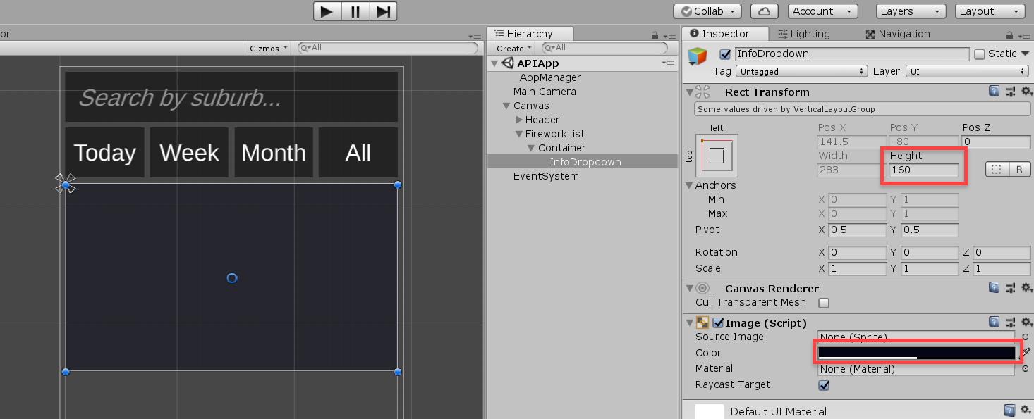 Unity UI Panel object for Firework Display app