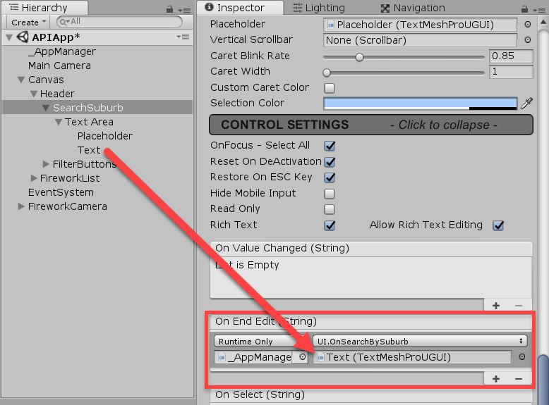 SearchSuburb object added to On End Edit function in Unity