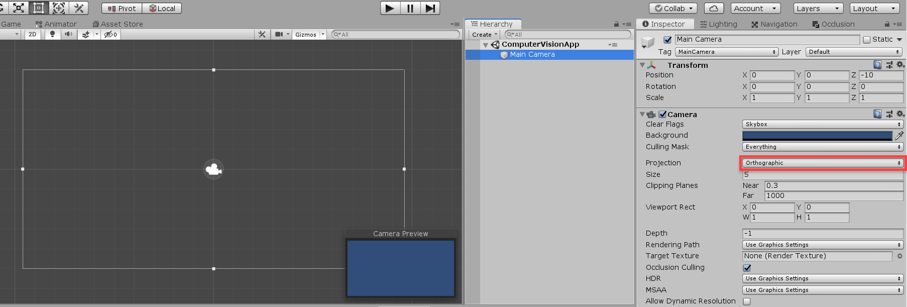 Unity Main Camera in the Inspector window