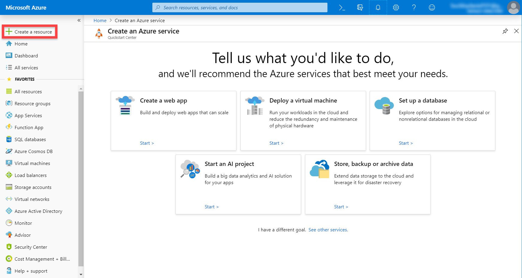 Microsoft Azure dashboard for creating a service