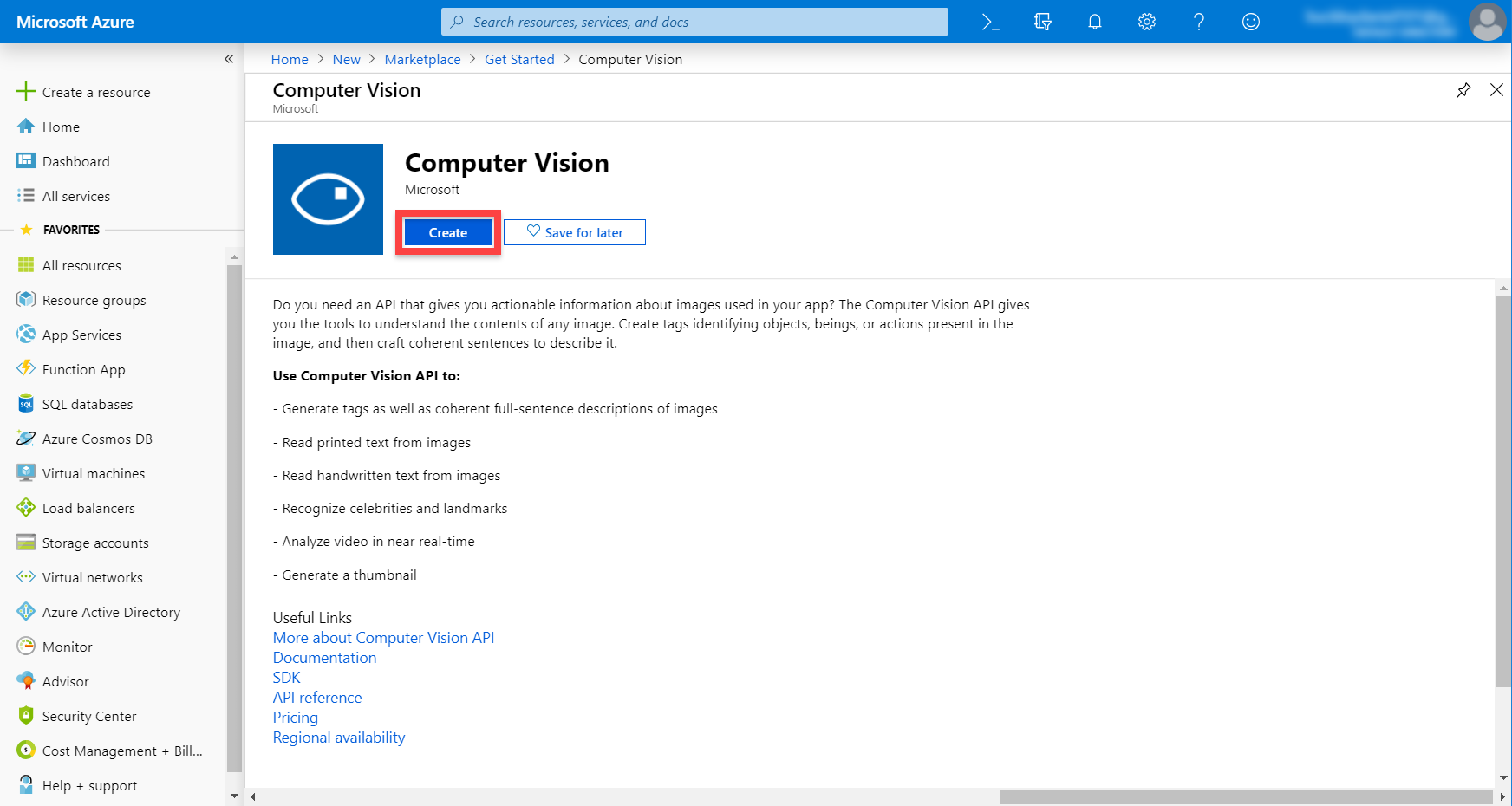 Microsoft Azure service page for Computer Vision
