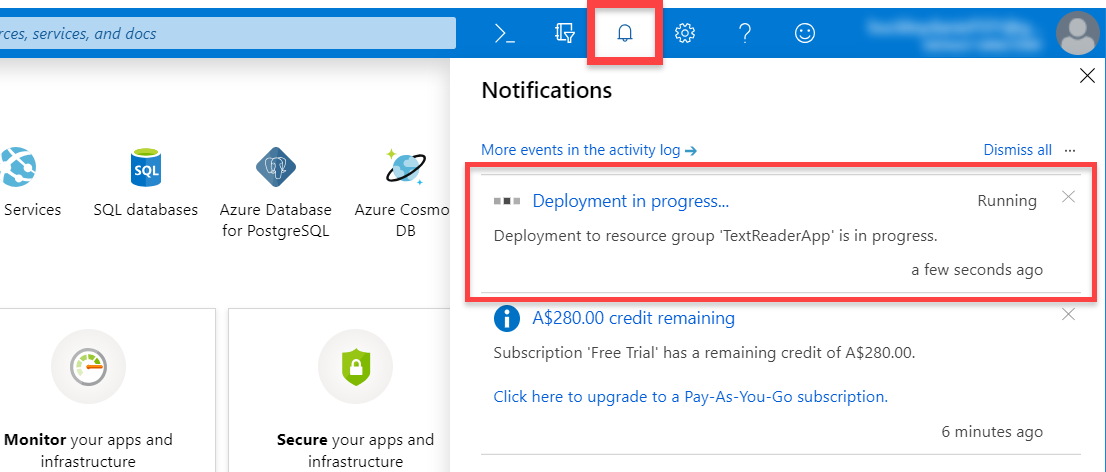 Deployment in progress message for Microsoft Azure service
