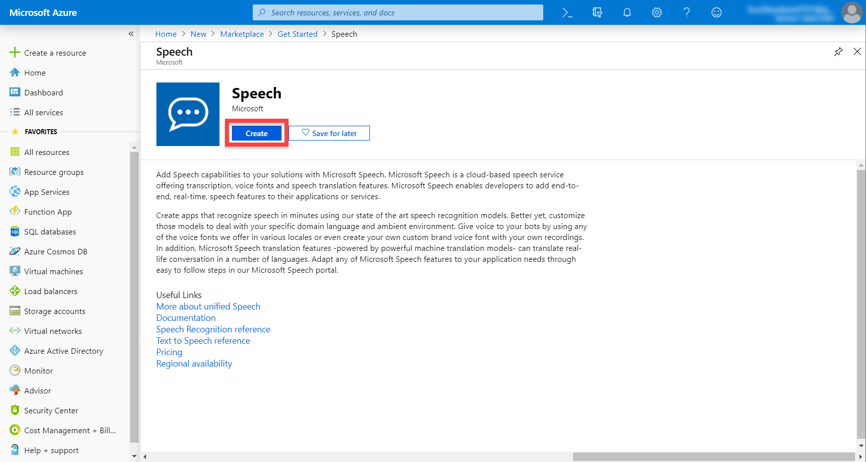 Microsoft Azure Speech service page