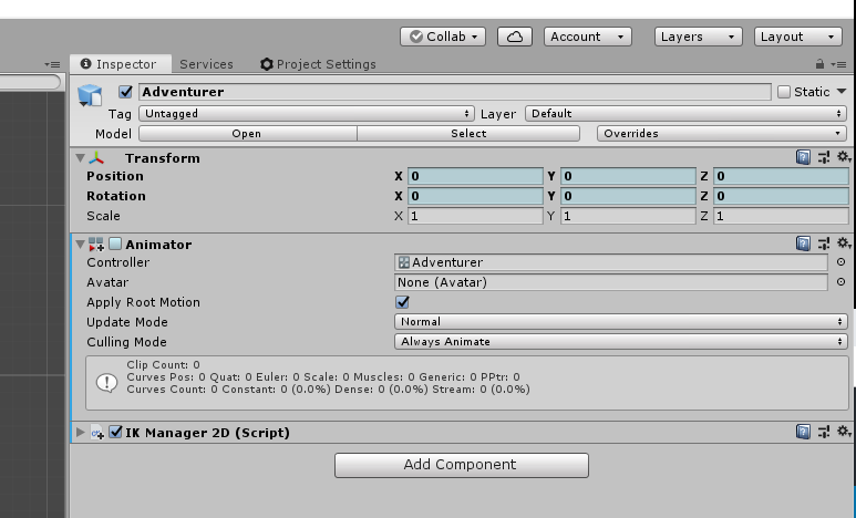 A view of the Unity Animator component.