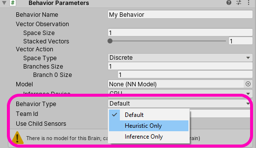 Different modes on the Behavior Parameter component in Unity ML Agents