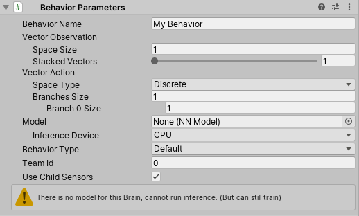 Observation size on the Behavior Parameter component Unity ML Agents