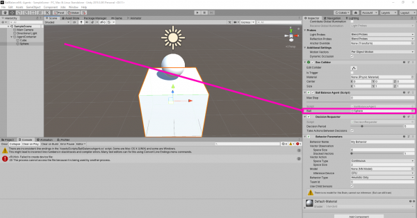 Assigning the ball object to the agent in Unity ML Agents