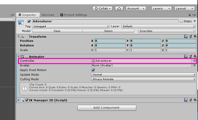 A closer look at the Controller field on the Animator component.