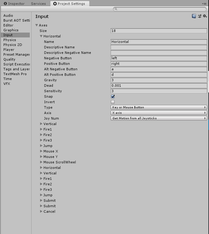 The Input settings menu