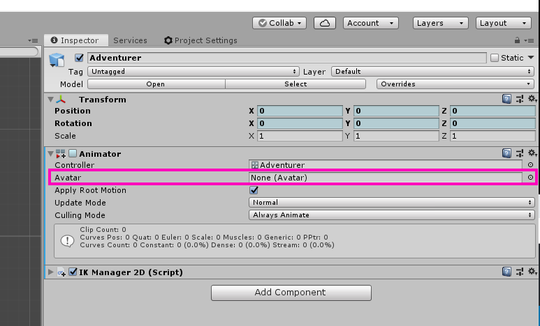 The Avatar field on the Unity Animator component.