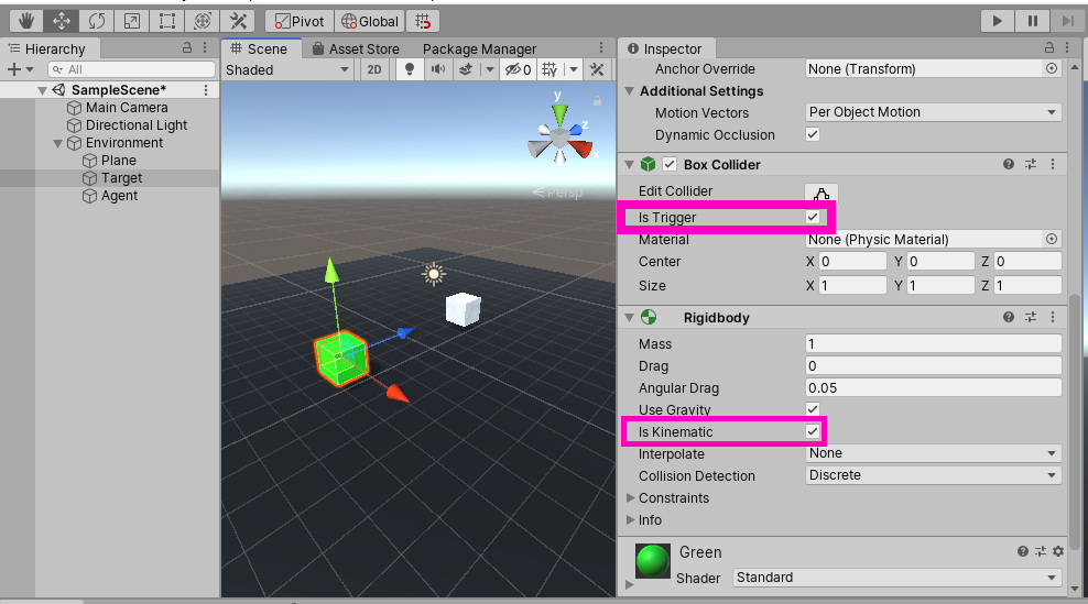 Adding a rigidbody and a collider that is trigger to the target