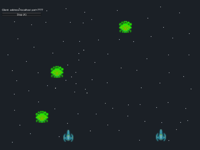 Unity game scene with spaceships and green enemies