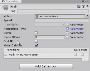Inspector in Unity showing Human walk animation