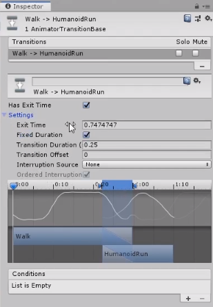 Unity inspector with walk to run animation transitions