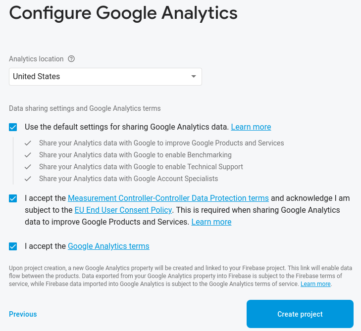 Google Analytics configuration options for Firebase project