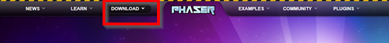 Phaser.io website with Download menu option circled