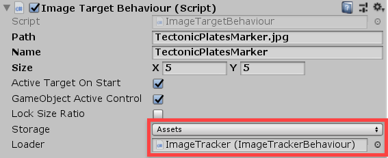 Image Target Behaviour component in Unity with Loader added
