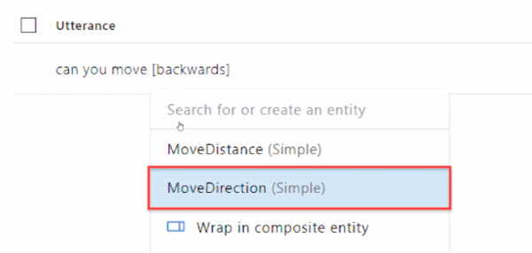 Utterance option in Azure with MoveDirection selected