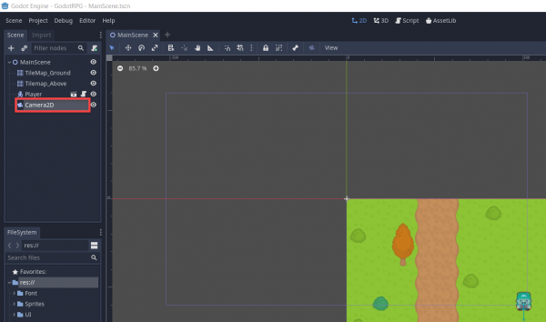 Camera2D node added to Godot RPG project