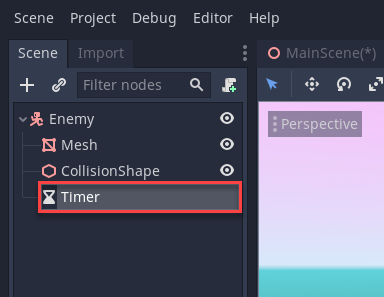 Enemy node in Godot with Timer node added