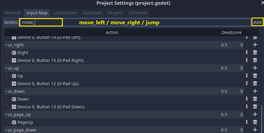 Input Map in Godot with new move being added