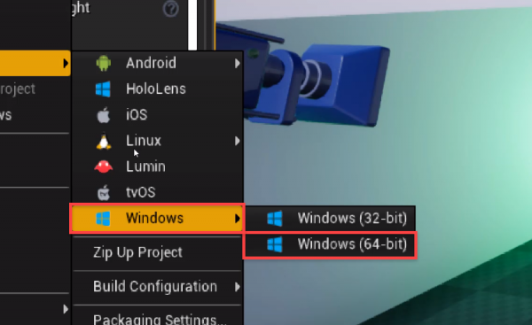 Unreal Engine export options for Windows