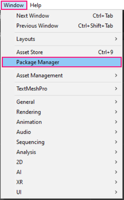 Unity window menu with package manager selected