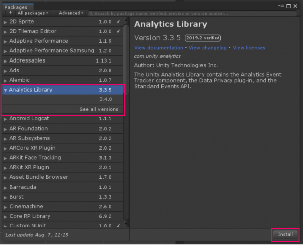 Unity Analytics Library package manager