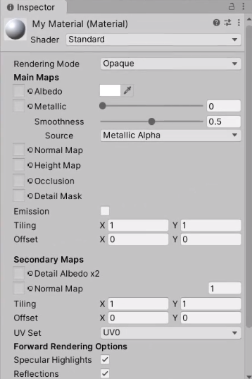 New material as seen in Unity Inspector