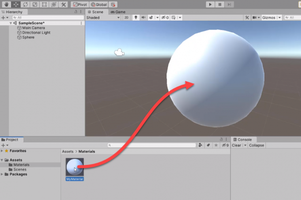 Material being dragged onto Sphere in Unity