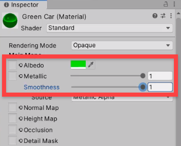 Unity Inspector properties for shiny, smooth, green material