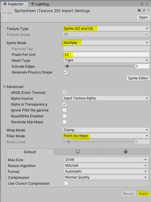 Unity Inspector with Spiresheet Import Settings
