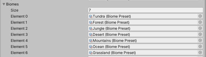 List of Biomes added in Unity Inspector for Procedural Map Generation