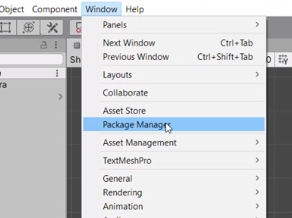 Unity Window Menu with Package Manager selected