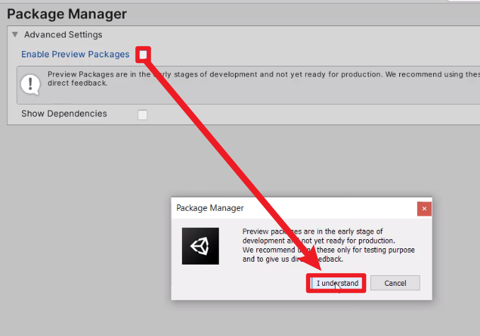 Package Manager agreement popup for enabling preview packages