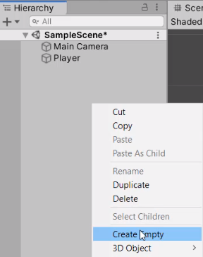 Unity Create Empty object selected from Menu