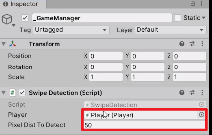 Unity Swipe Detection with Player added to Script in Inspector