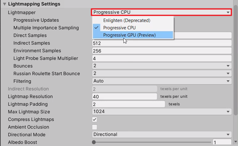 Lightmapping Settings with Progressive GPU selected in Unity