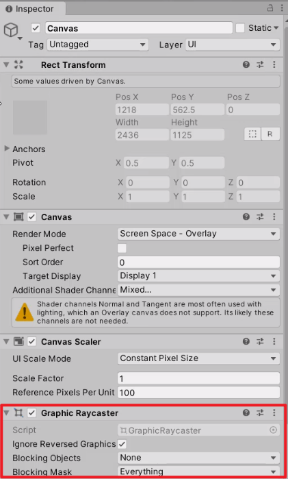Unity Inspector with Graphic Raycaster circled on Canvas